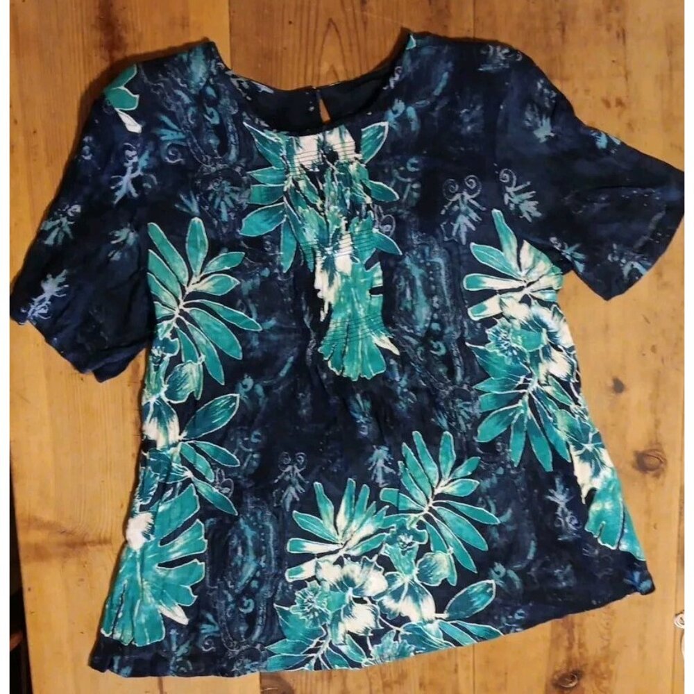 Vtg Carole Little II Blue Floral Tunic Top Womens 14 Short Sleeve Smocked USA